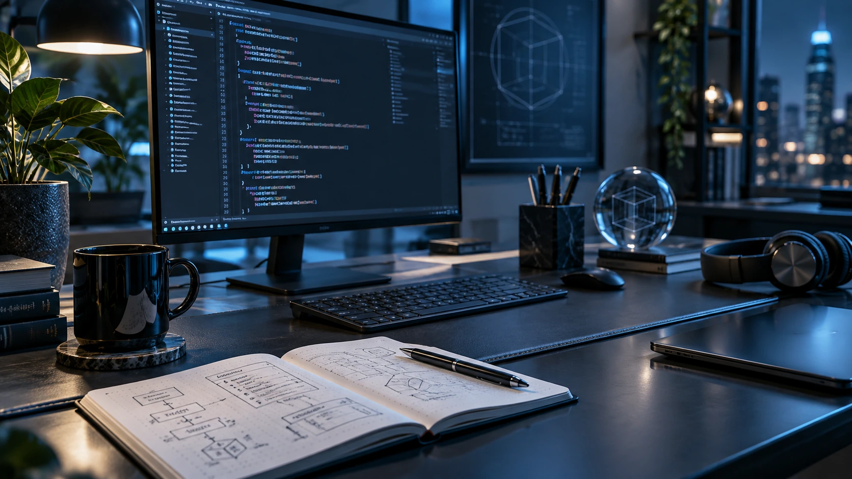 Modern developer studio with coding screens and technical notes